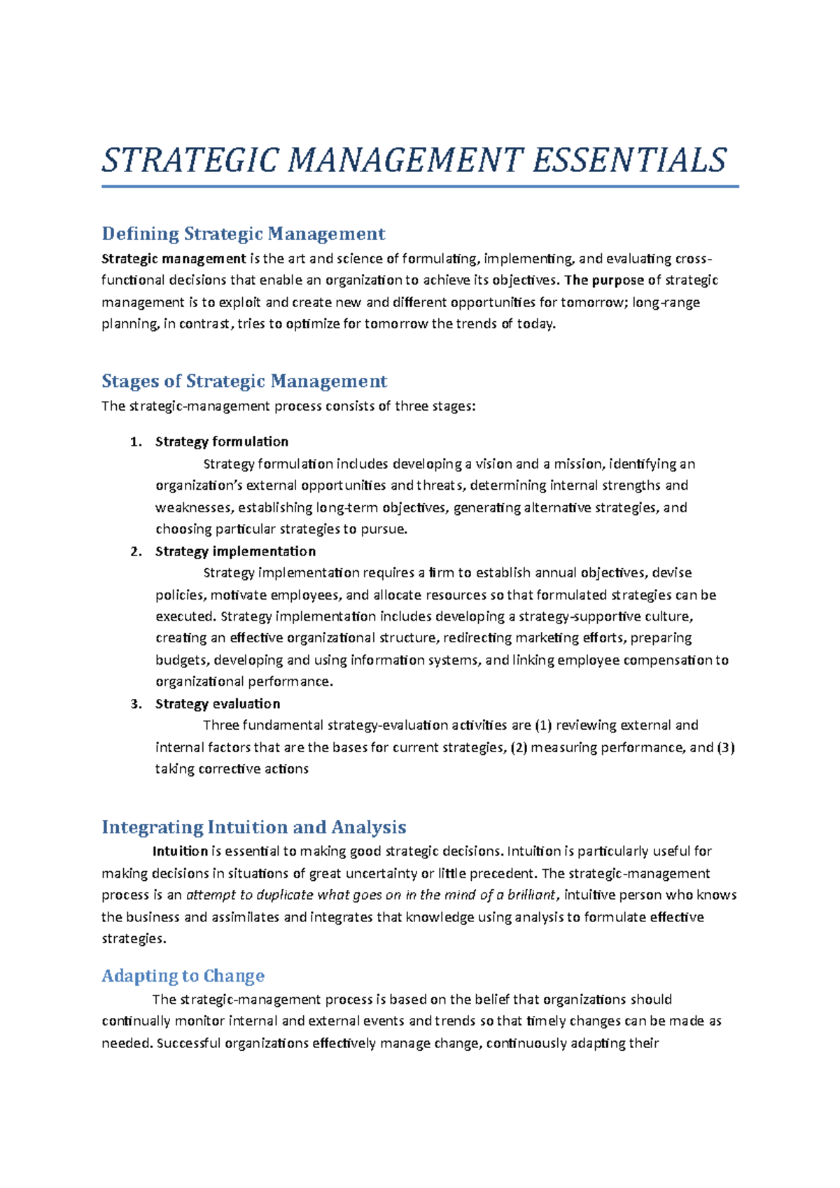 Strategic Management Summary: Chapter 1 Insights (16th Ed.) - Studocu