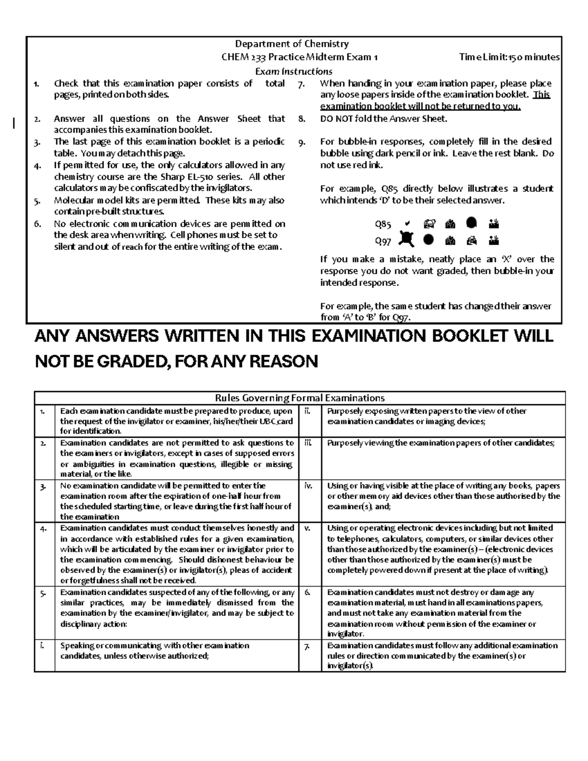 CHEM 233 Practice Midterm Exam 1 Instructions and Guidelines - Studocu