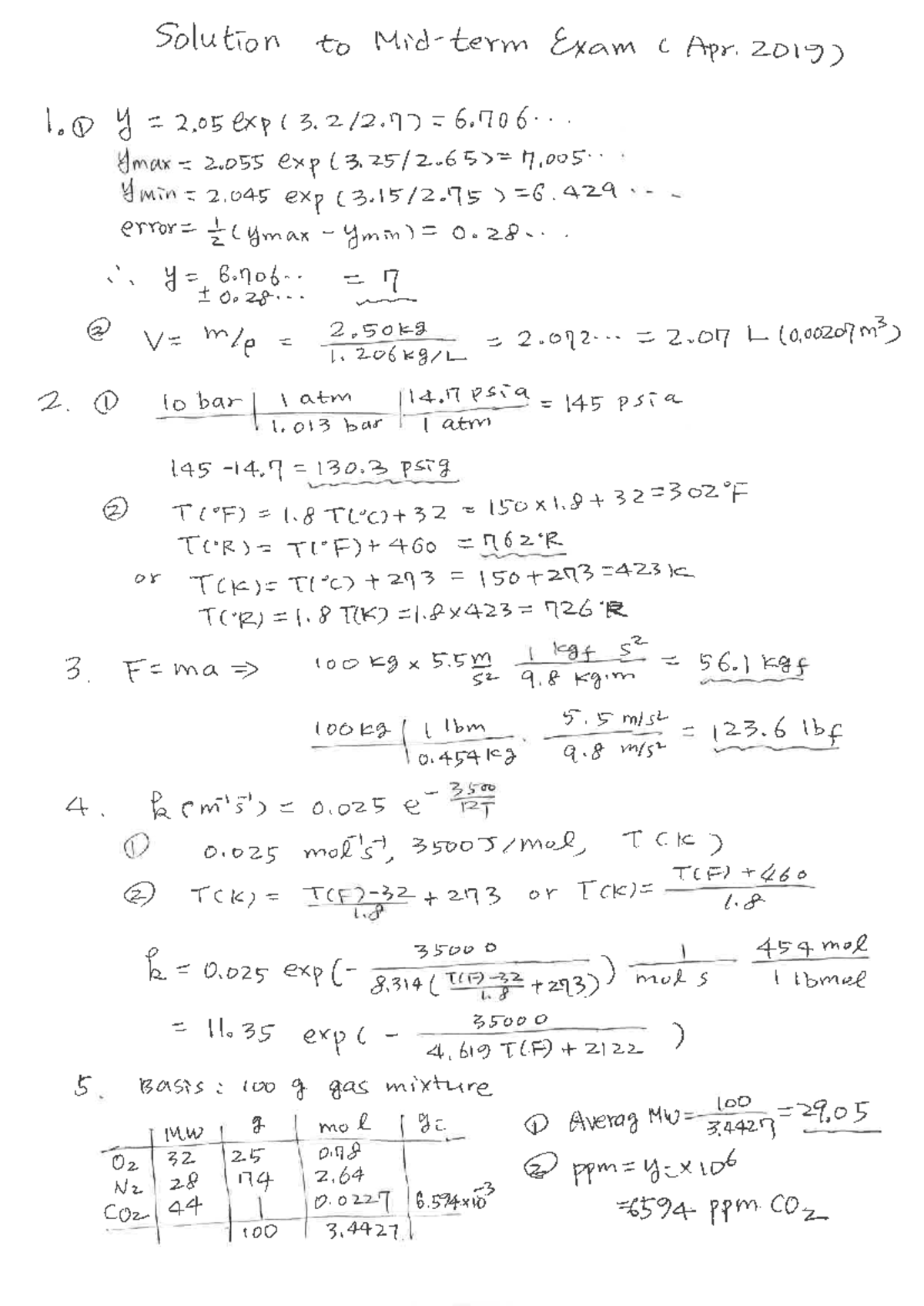 공정계산1 중간고사 2019 풀이 - Chemical Process Calculation-1 Exam Notes - Studocu