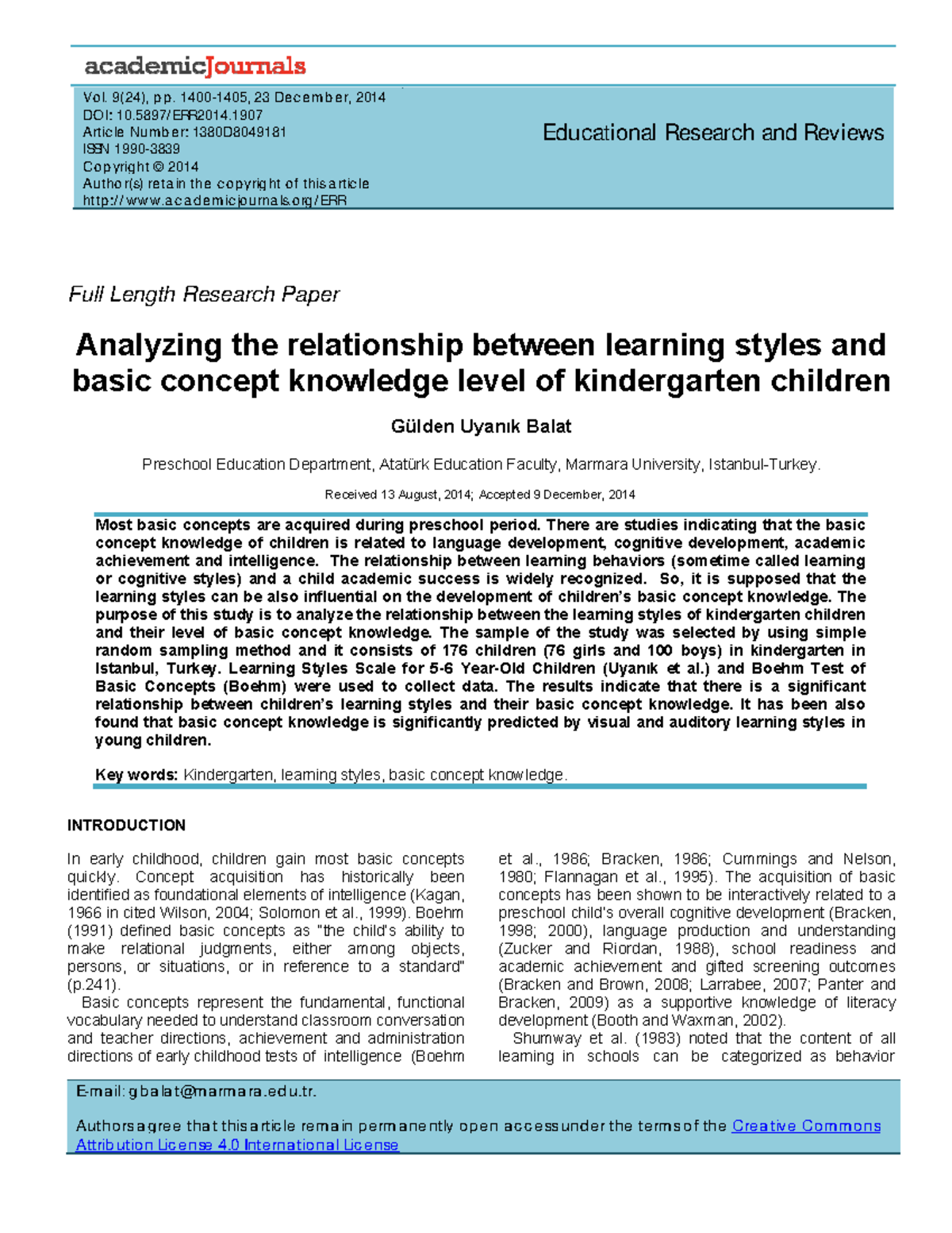 Analyzing Learning Styles and Basic Concept Knowledge in Kindergarten ...