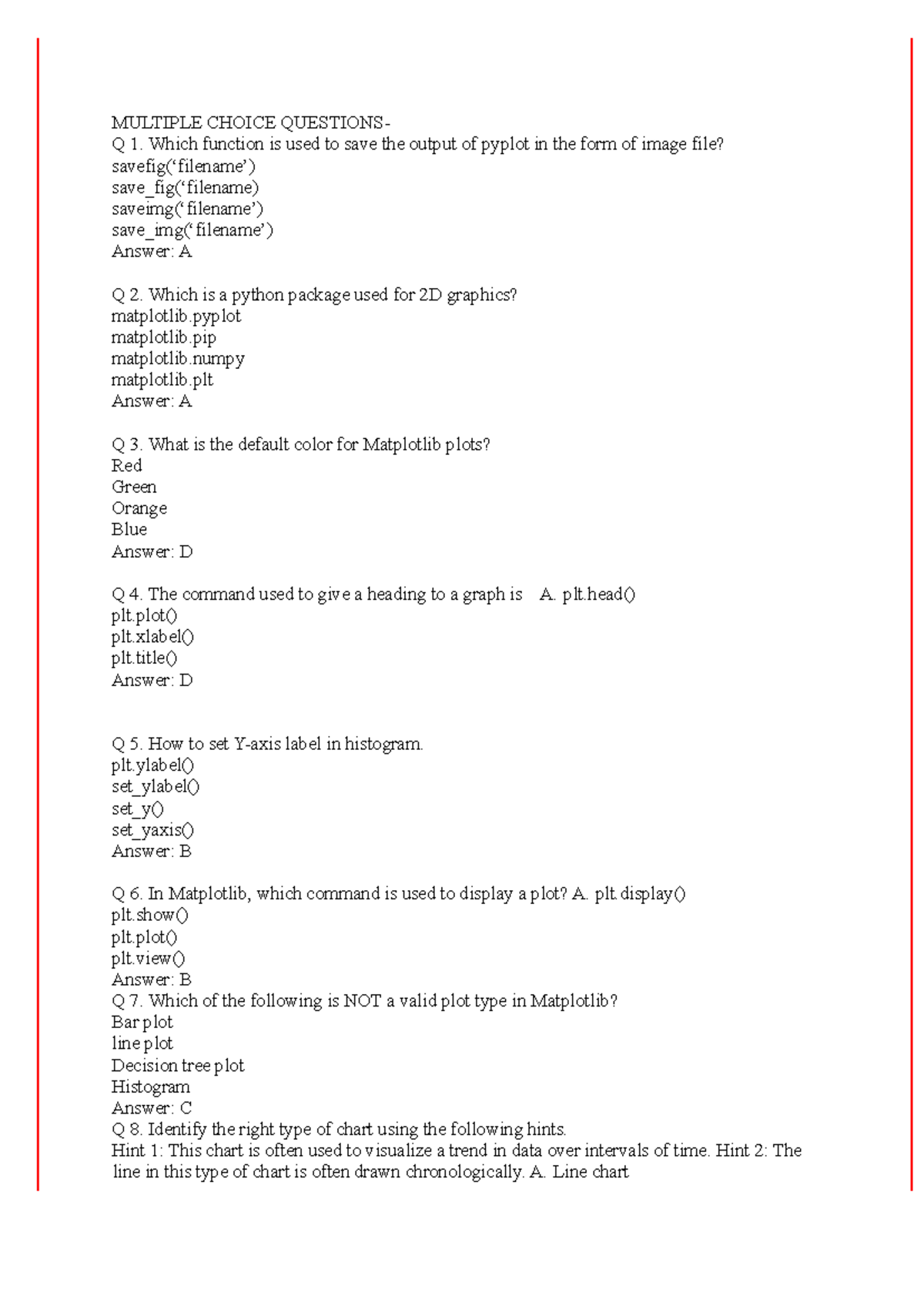 Solutions to Multiple Choice Questions on Matplotlib (Course Code ...