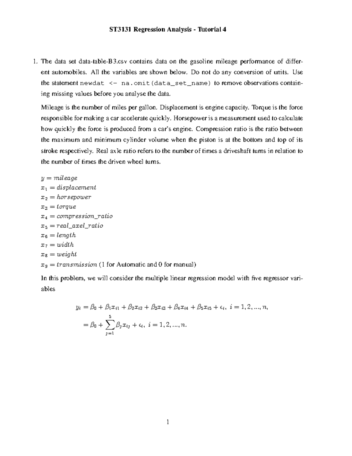 ST3131 Regression Analysis - Tutorial 4 Overview & Key Concepts - Studocu