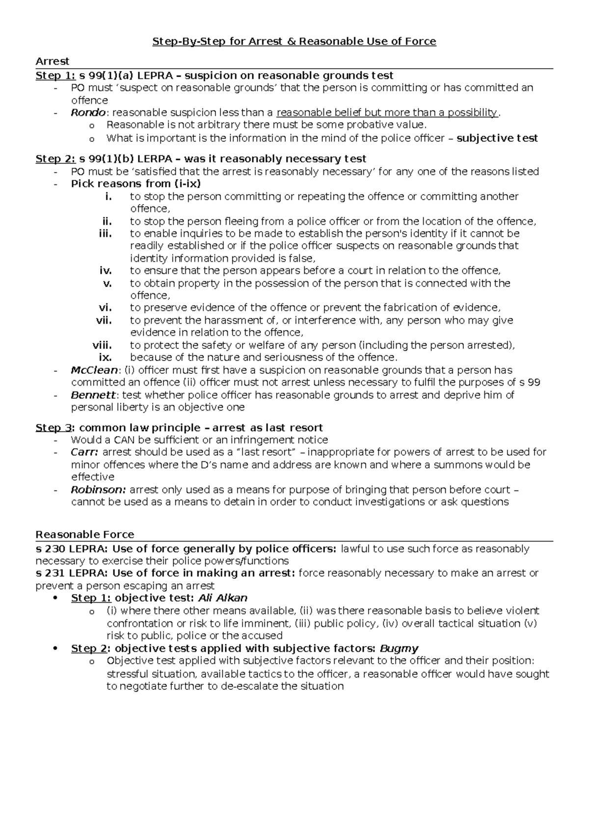 Step-By-Step Guide for Arrest, Use of Force & Search (LAW 101) - Studocu