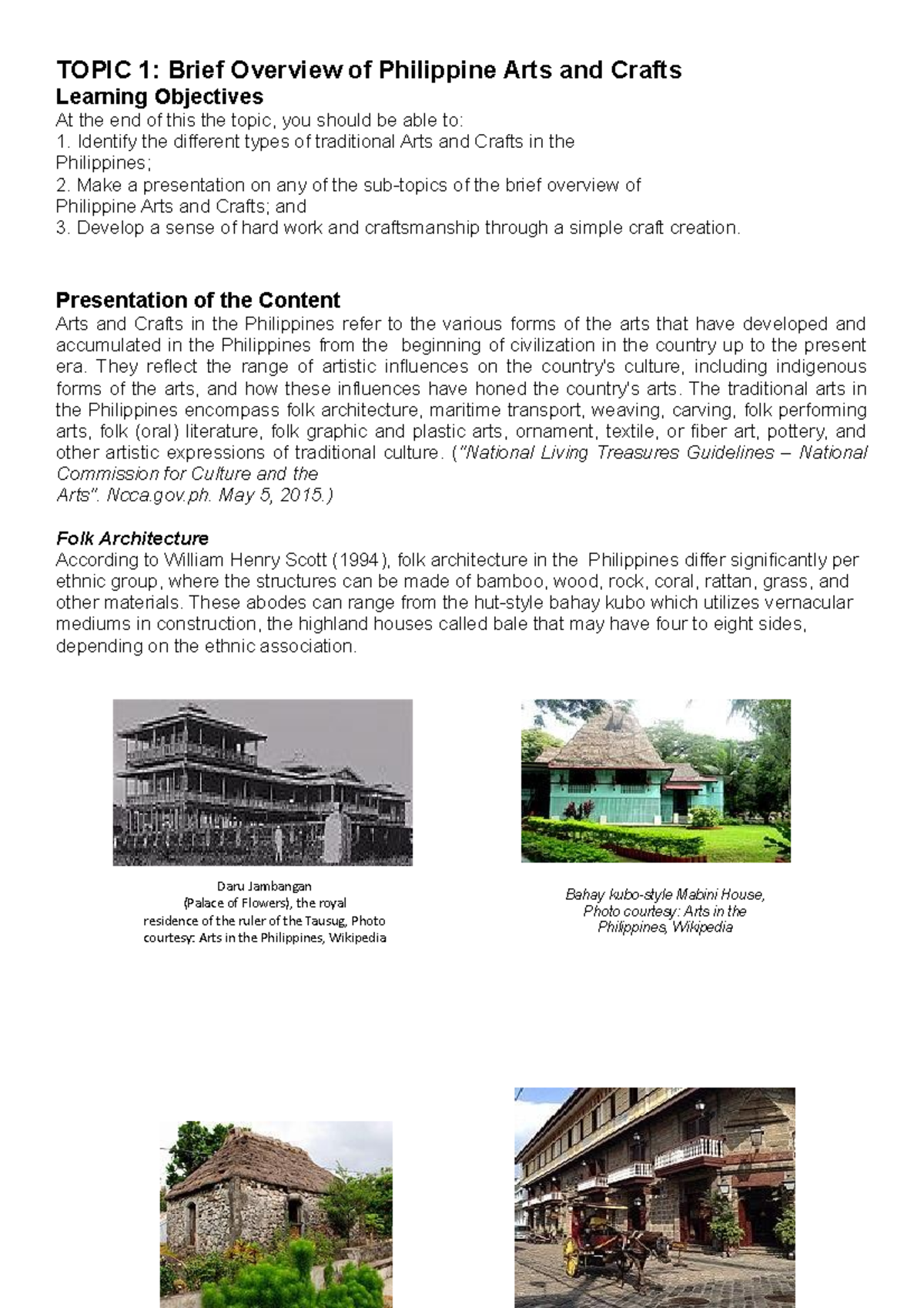 Philippine Arts and Crafts Overview: Topic 1 - Indigenous Culture - Studocu