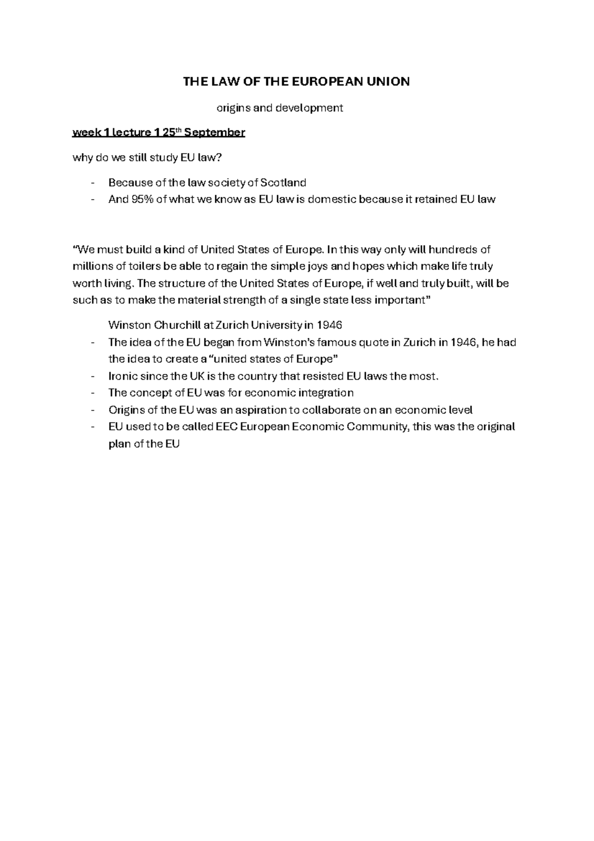 EU Law: Origins & Development Overview - Week 1 Lecture Note - Studocu