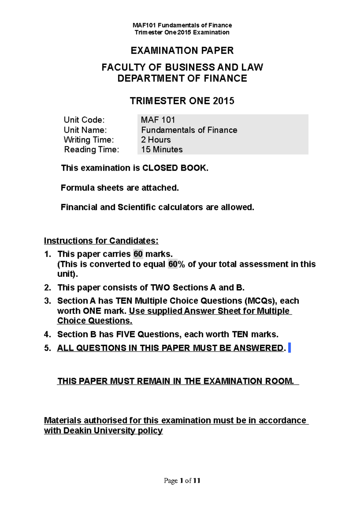 Sample/practice exam 2015, questions - Trimester One 2015 Examination ...