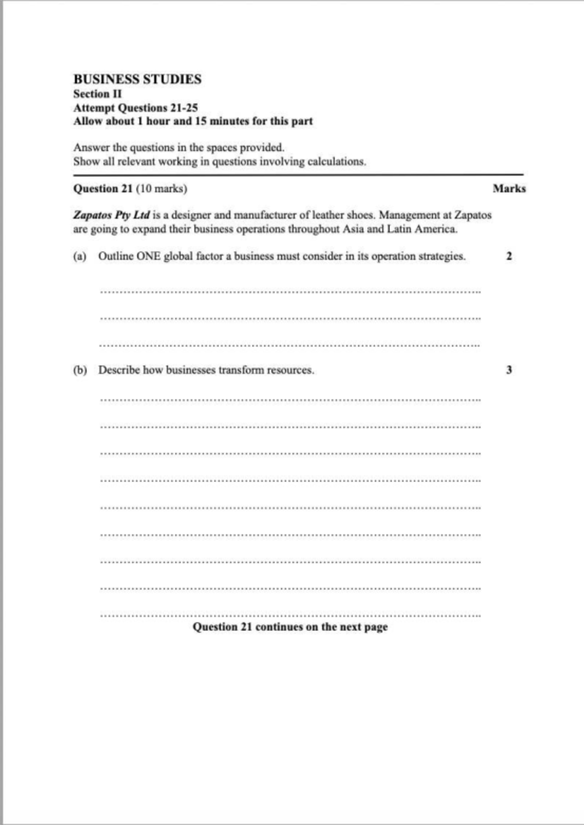 BUSINESS STUDIES HSC Trial Exam: Operations SAQ Section II - Studocu