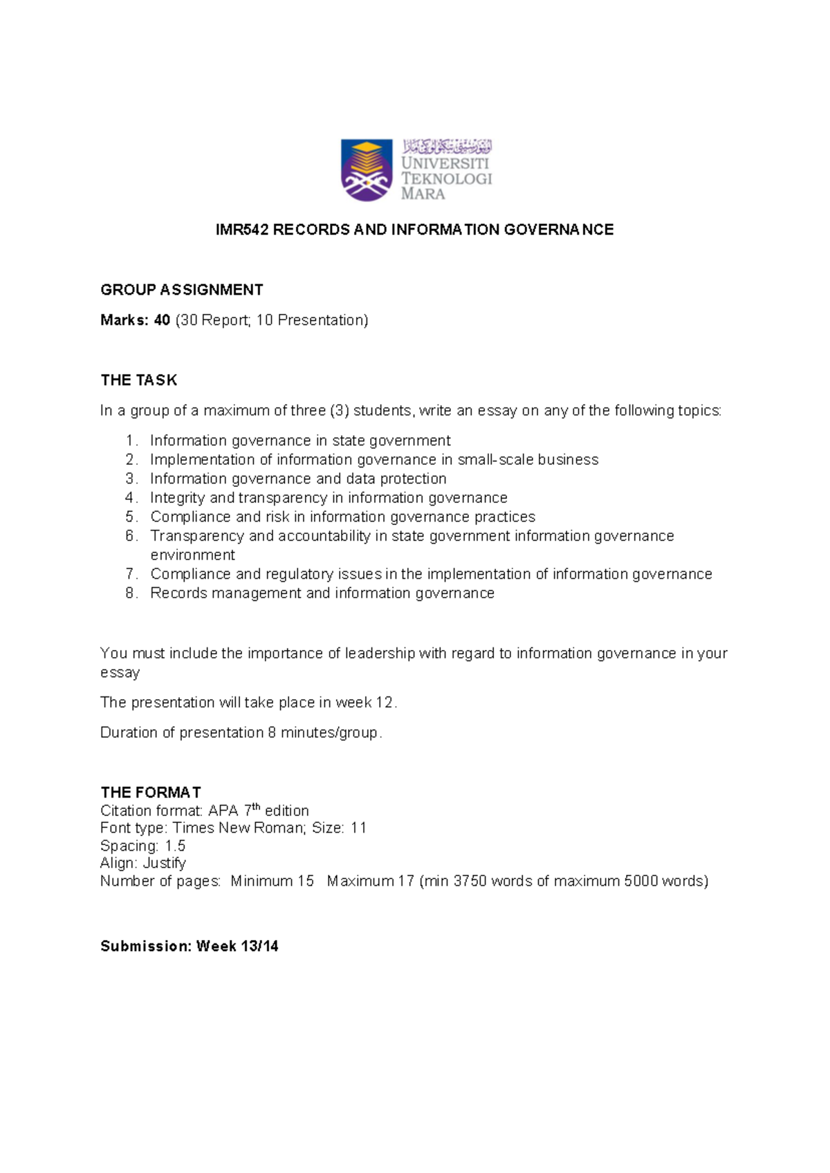 IMR542 Group Assignment: Info Governance Essay & Presentation - Studocu