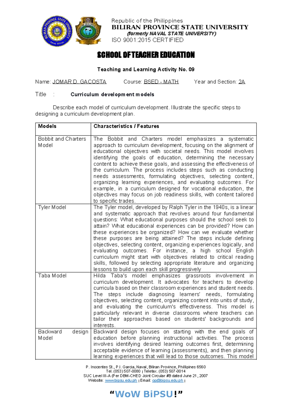 BSED MATH 2A Teaching and Learning Activity No. 08 by Jomar D. Gacosta ...