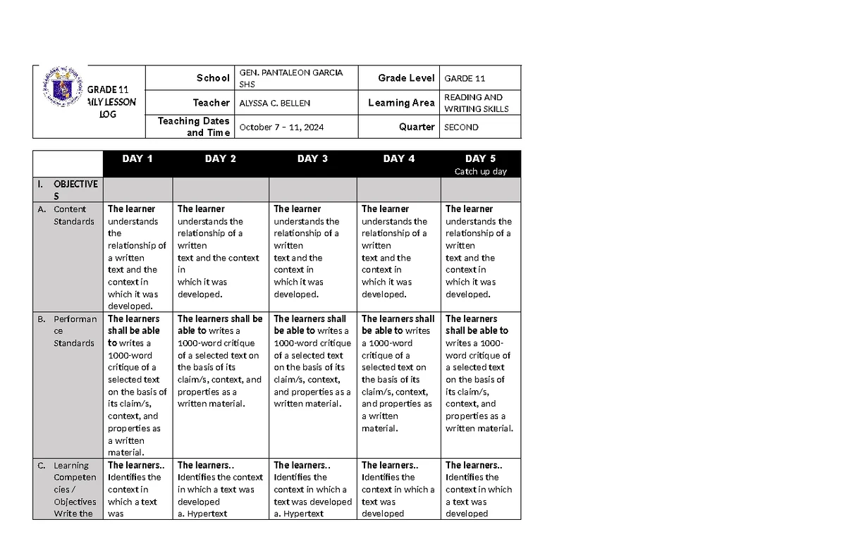 EAPP GRADE 12 WEEK 11 DAILY LESSON LOG: Concept Paper Development - Studocu