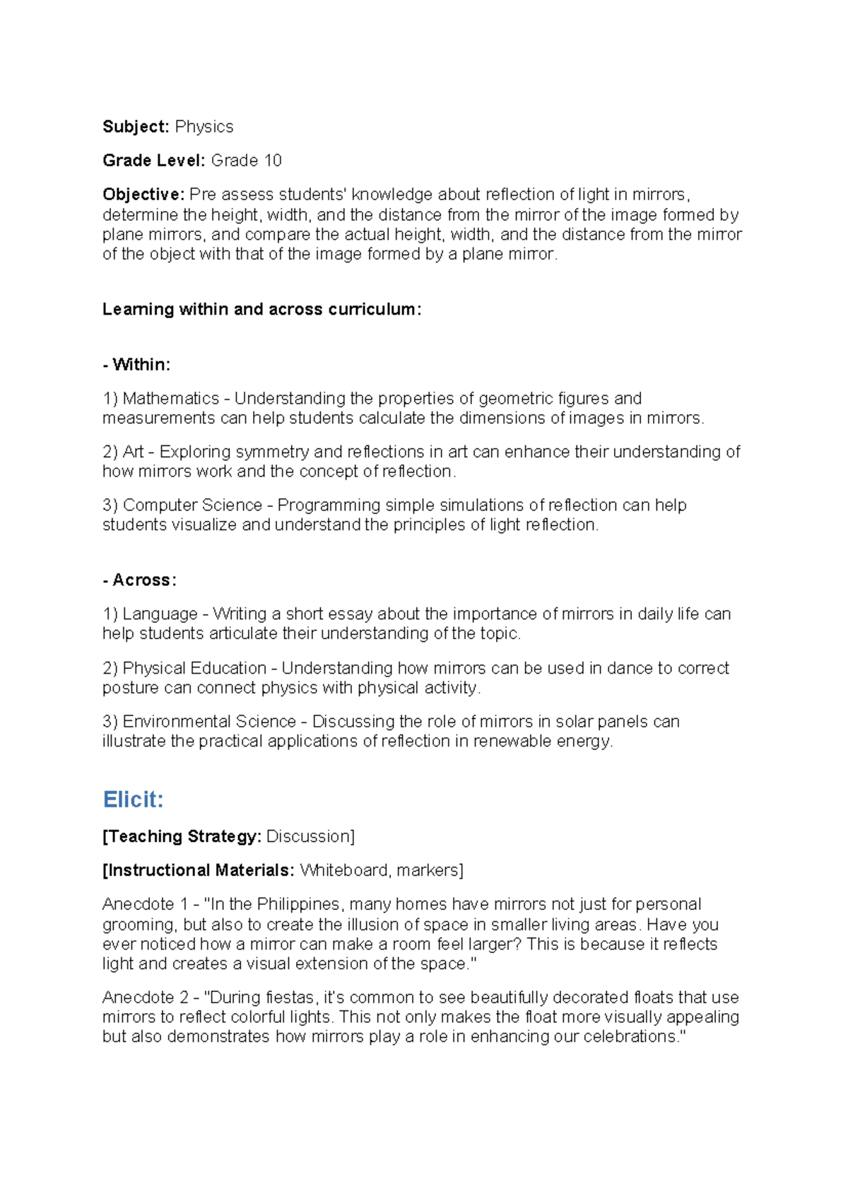 Lesson Plan: Physics 10 - Reflection of Light in Mirrors - Studocu
