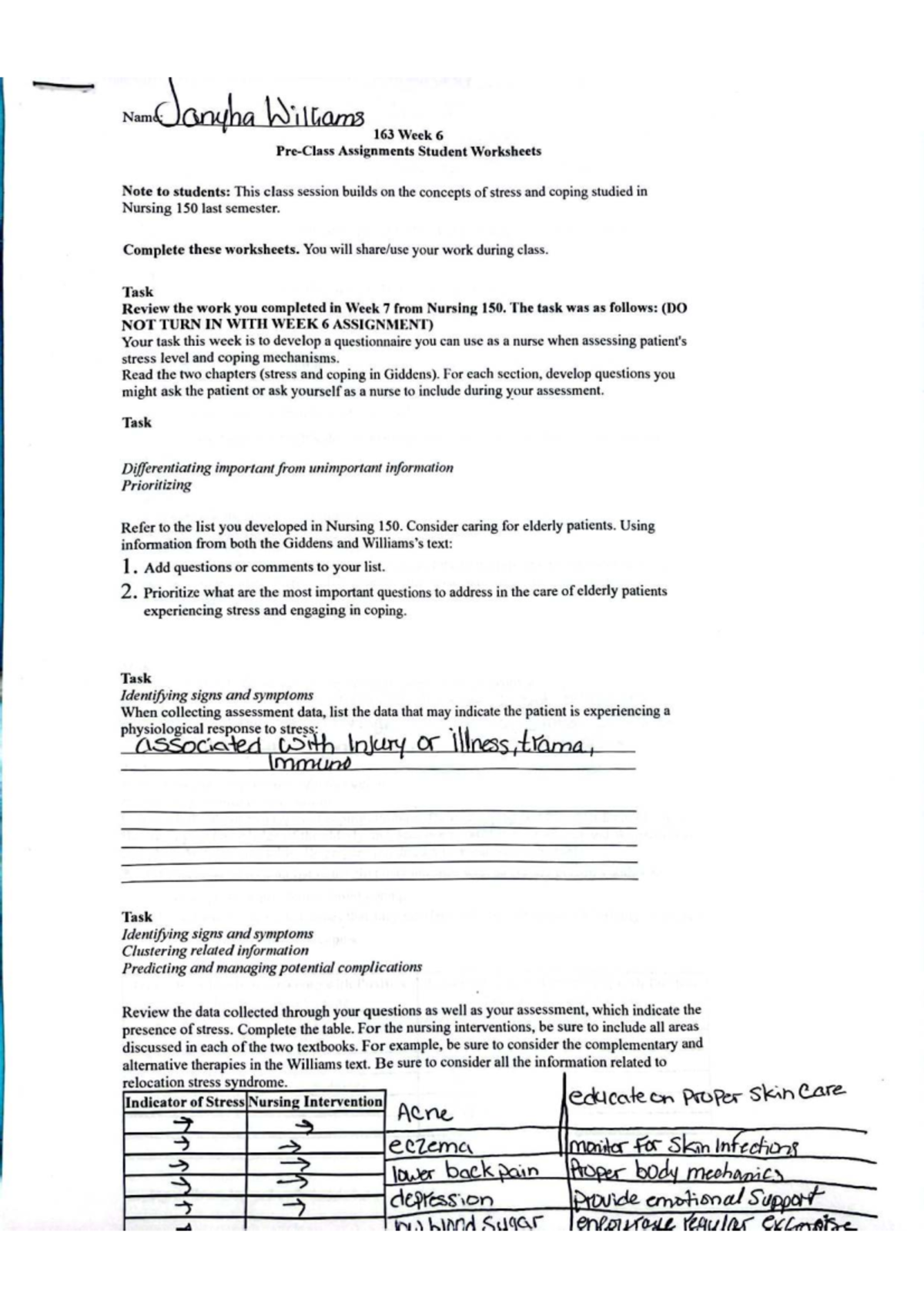 NUR 163 Week 6 Assignments: Stress & Coping Worksheets for Nursing ...