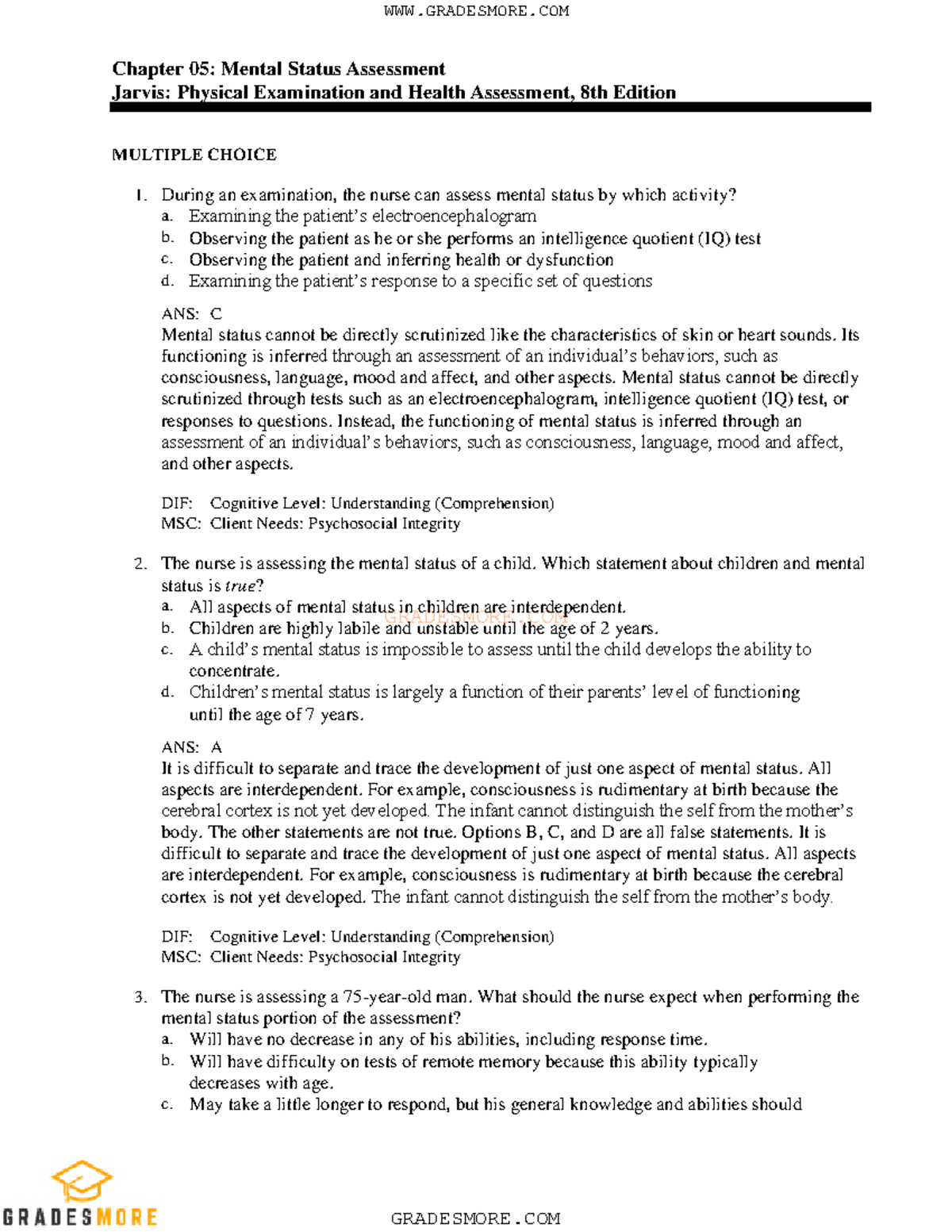 Chapter 05 - Test Bank for Mental Status Assessment (Nursing 101) - Studocu