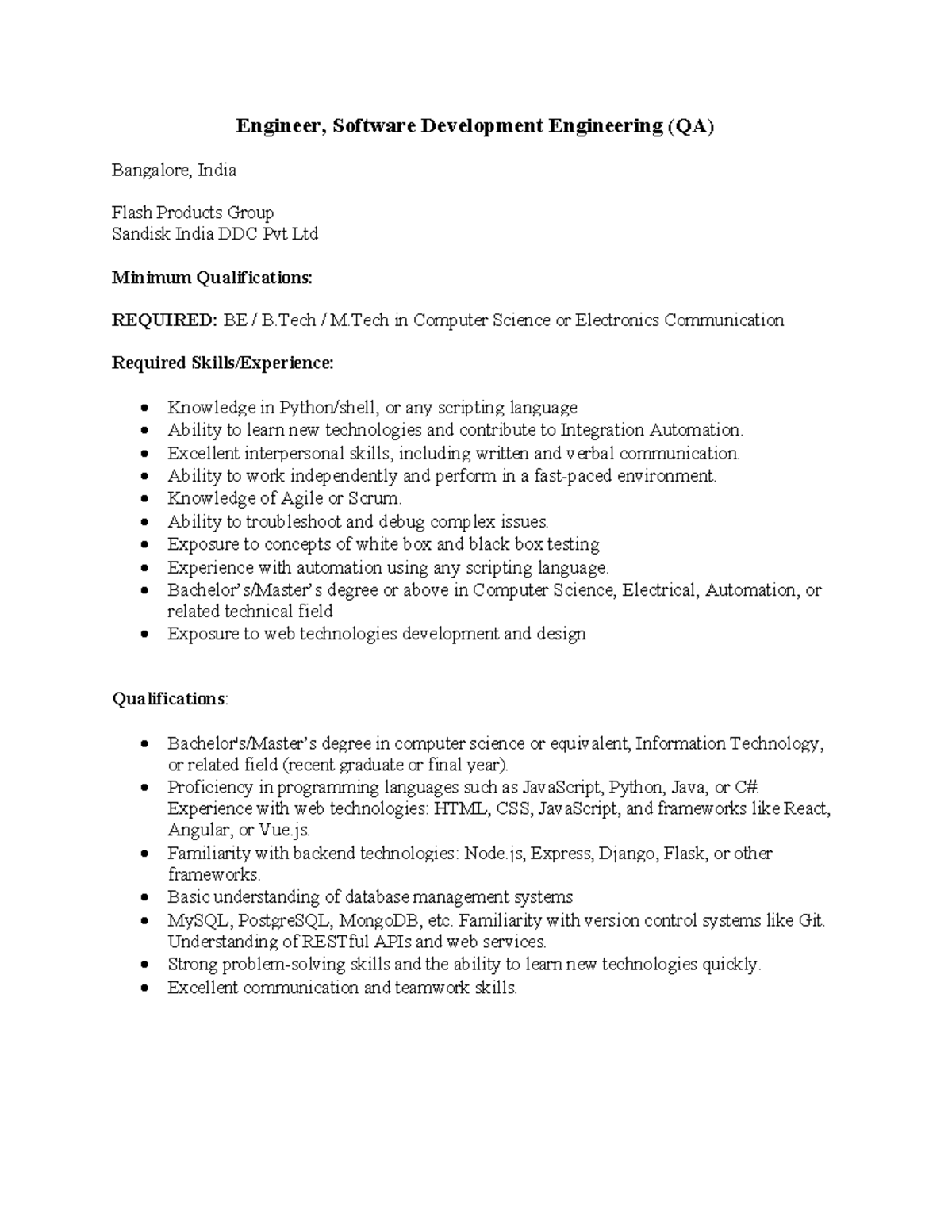 Internship Job Description (QA) - Software Development Engineering ...