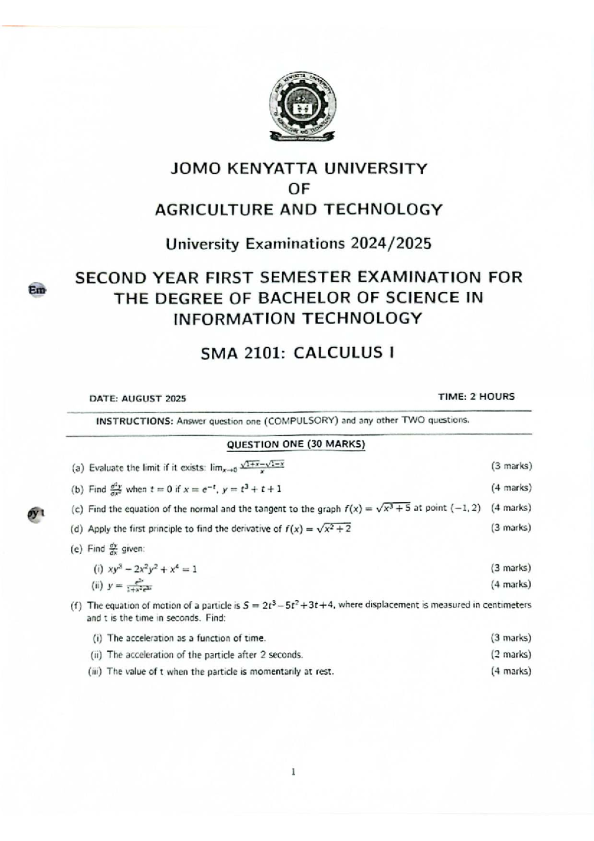 SMA 2101: Calculus I - August 2025 Exam Paper - Studocu