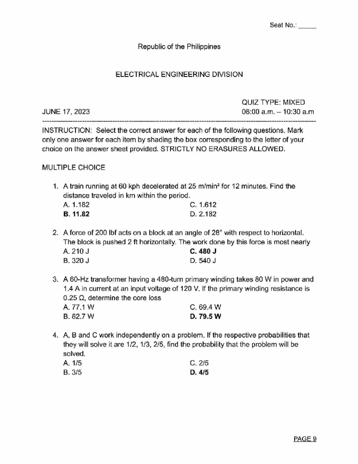 MATH AND ESAS 10 - Preboard Quiz on Electrical Engineering Concepts ...