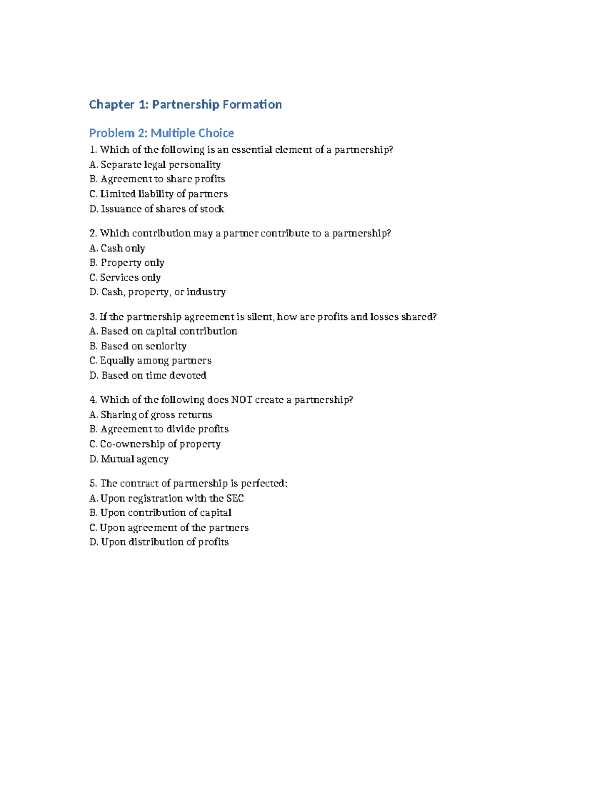 Chapter 1: Partnership Formation MCQs and Key Concepts - Studocu