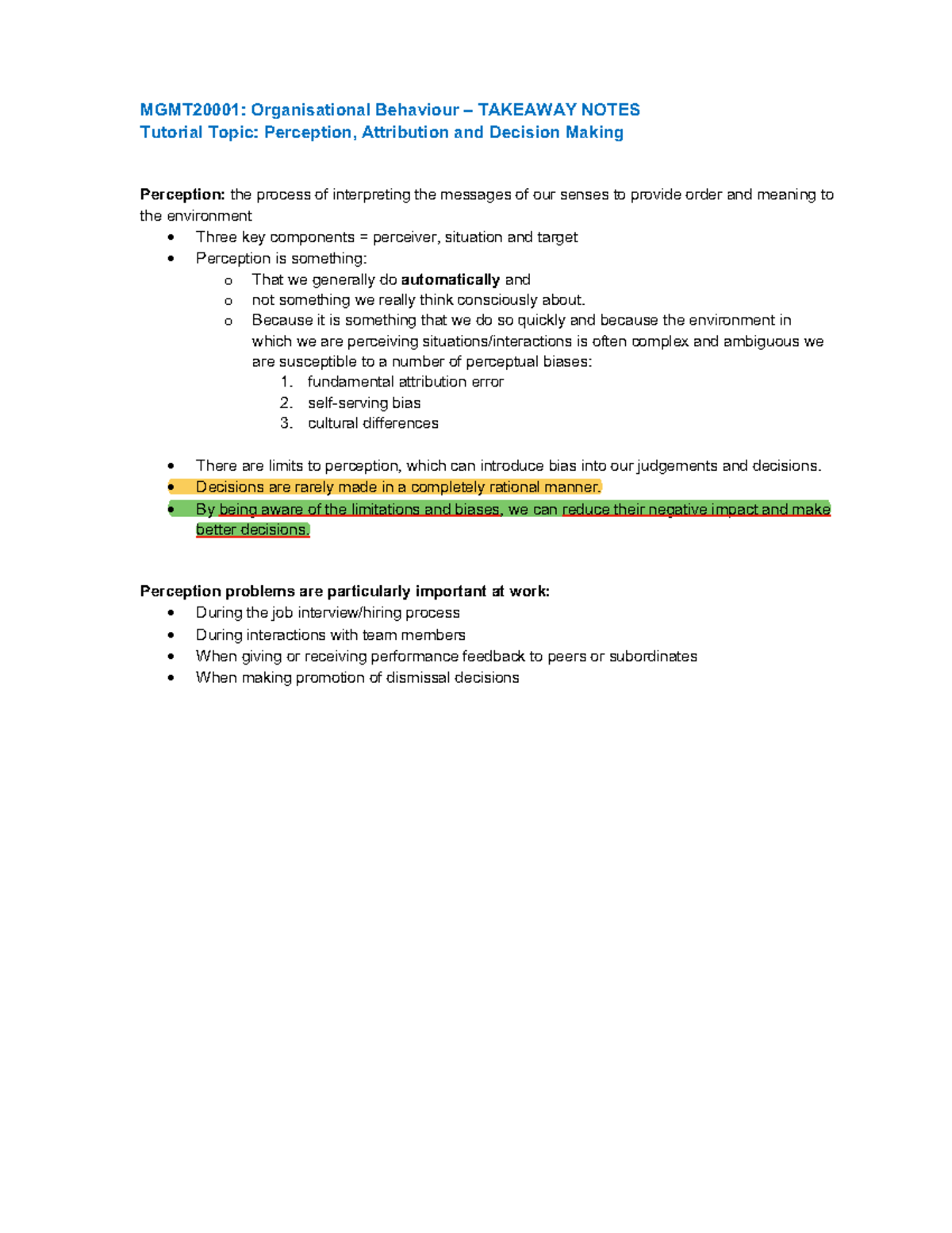 MGMT20001: Module 3 - Perception, Attribution & Decision Making Notes ...