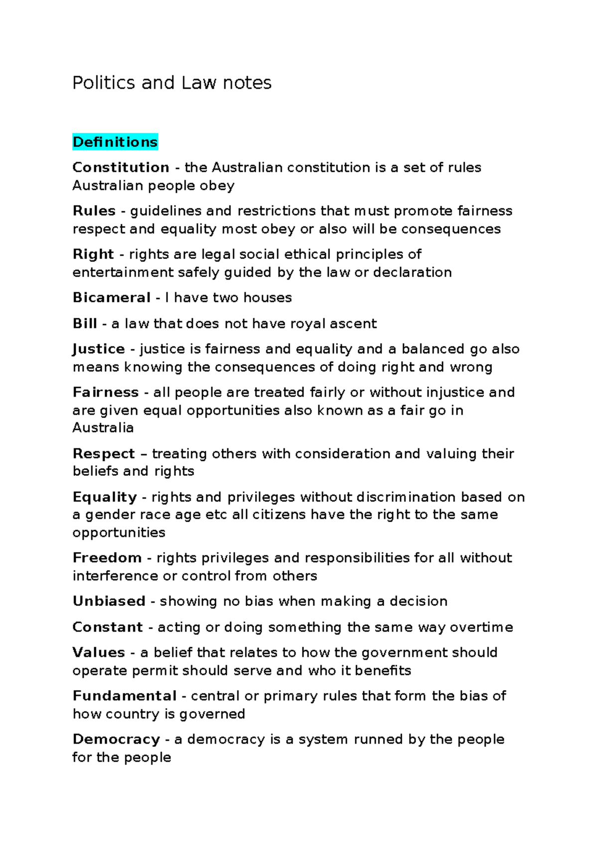 Politics and Law Notes: Key Definitions and Concepts in Australian ...