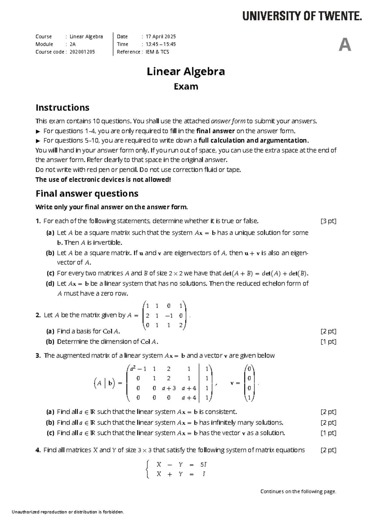 LA Exam 202001205 - Linear Algebra 17 April 2025 - Version A - Studeersnel