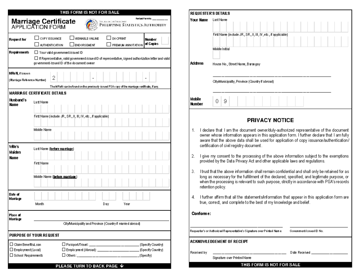 Marriage Certificate Application Form - Not for Sale - Studocu