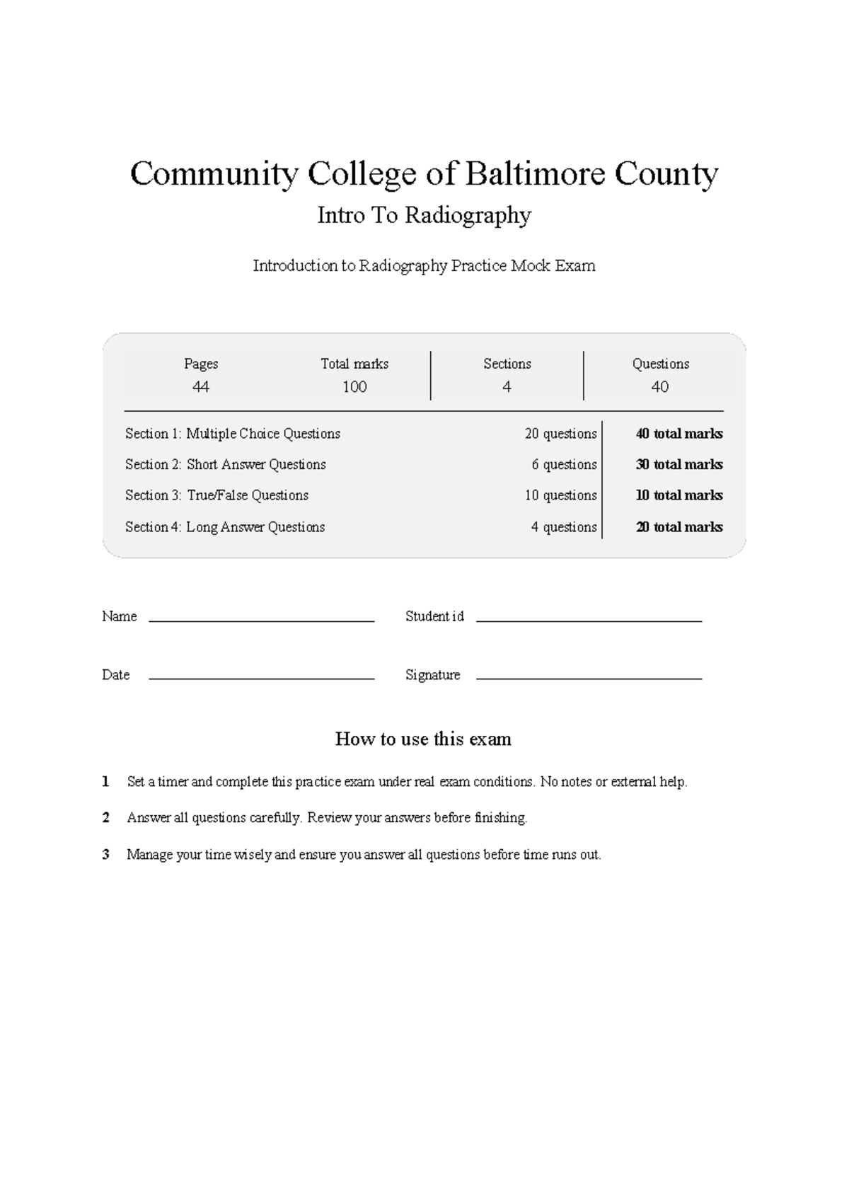 RADT 101 Intro to Radiography CCBC Practice Mock Exam 2026 - Studocu