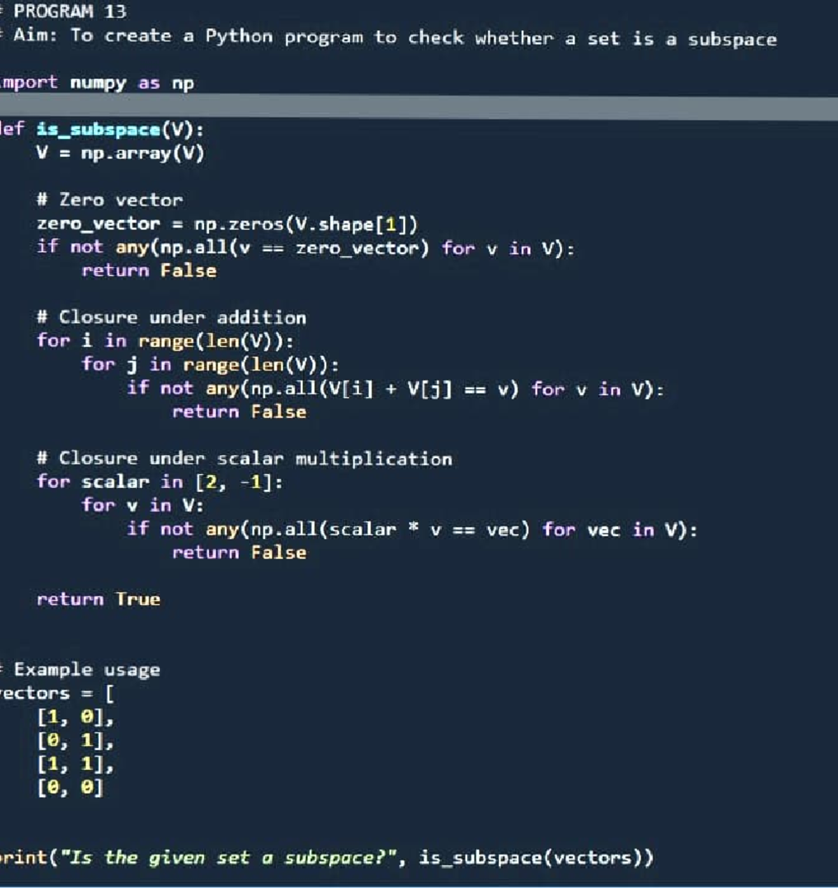 Python Programs for Subspace, Column Space & Null Space (Practical 13 ...