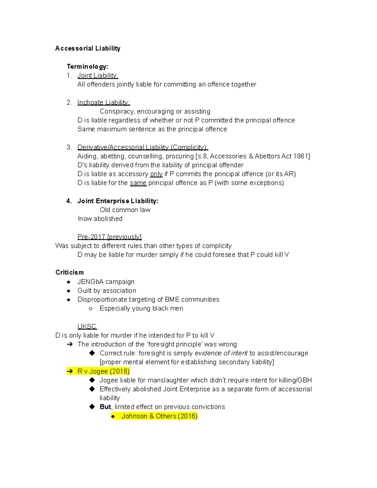 Accessorial Liability in Criminal Law (LAWS301: Final Notes) - Studocu