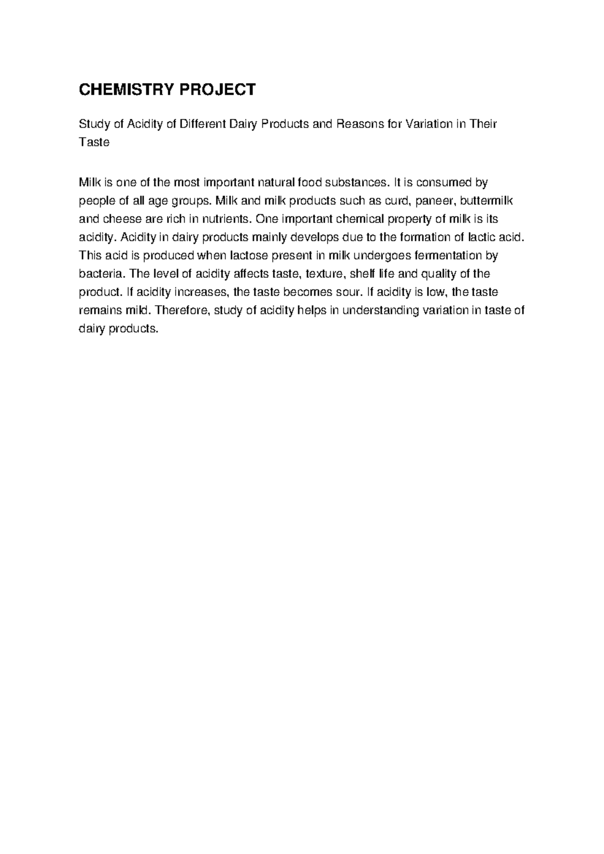 CHEMISTRY PROJECT: Study of Acidity in Dairy Products - Studocu