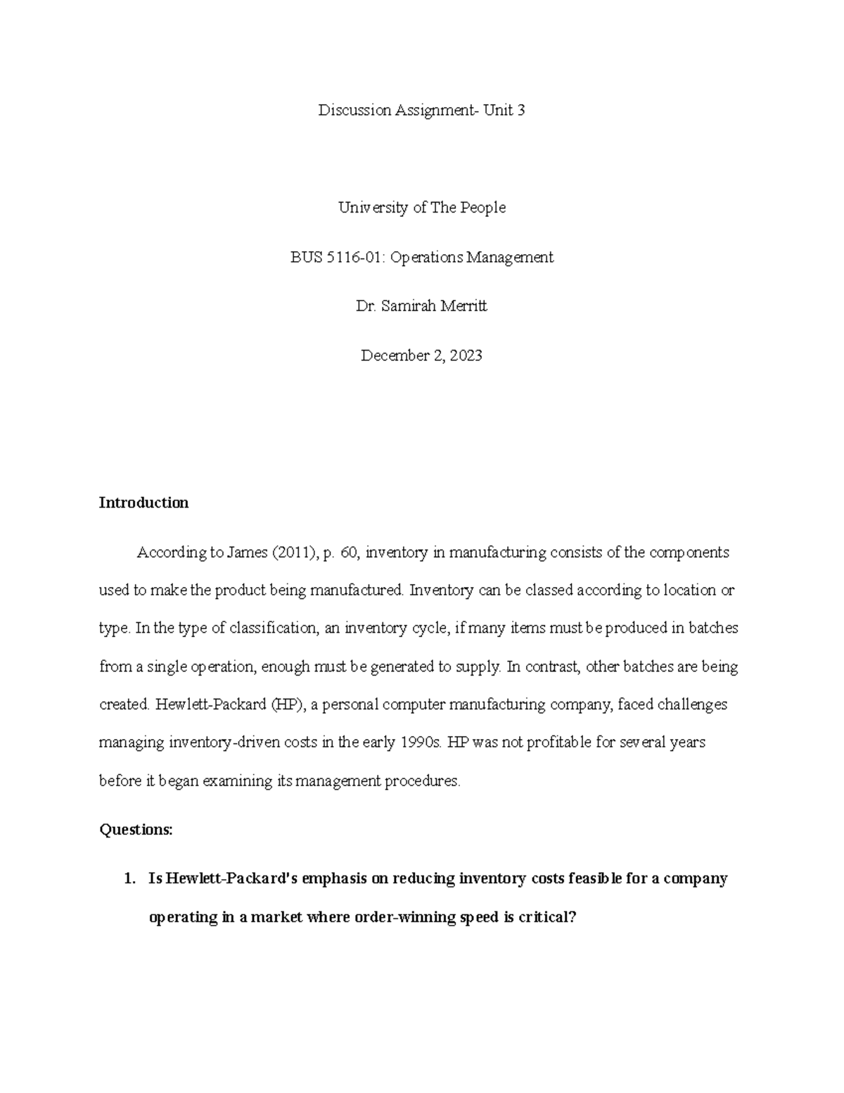 BUS 5116-01 Discussion Assignment 3: Inventory Management Insights ...