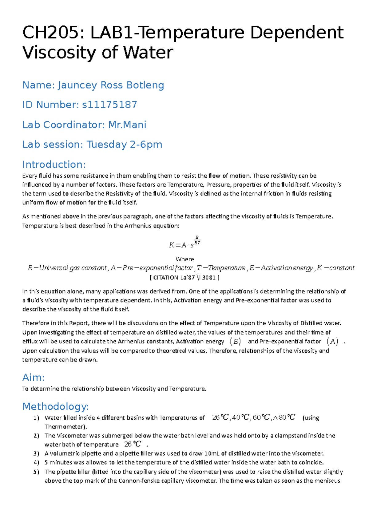 CH205: Lab 1 Report - Temperature Dependent Viscosity of Water - Studocu