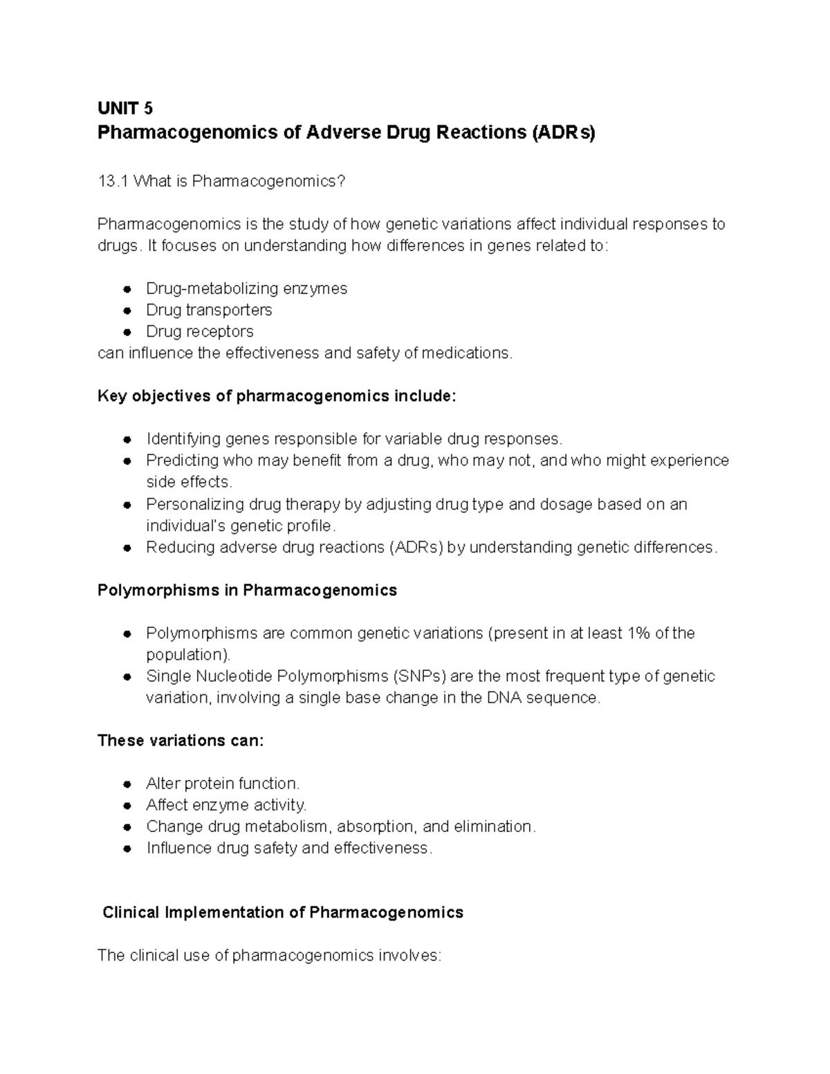 UNIT 5 - Pharmacogenomics and Adverse Drug Reactions Insights - Studocu