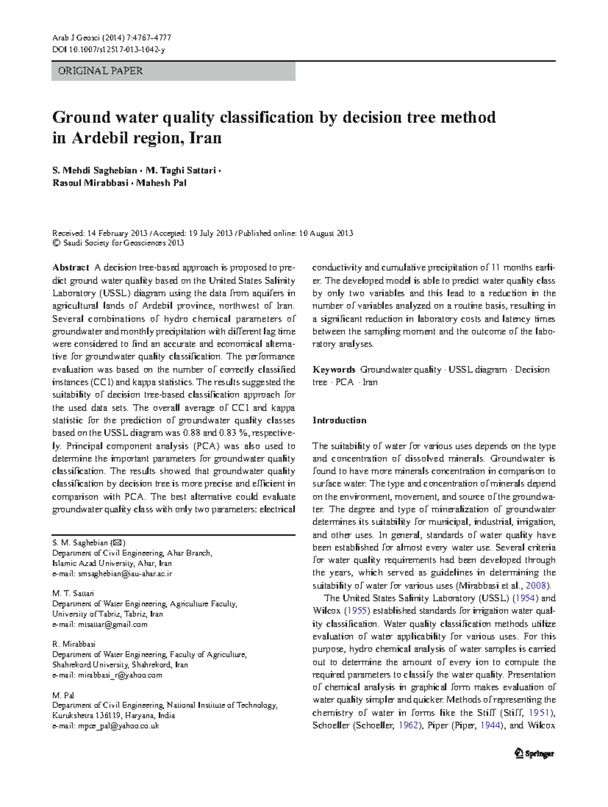 Ground water classification using decision tree - ORIGINAL PAPER Ground ...