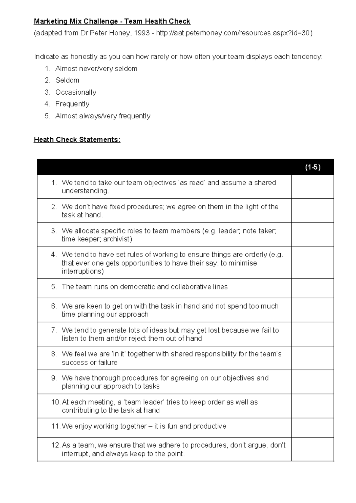 Marketing Mix Challenge Team Health Check Template - Studocu