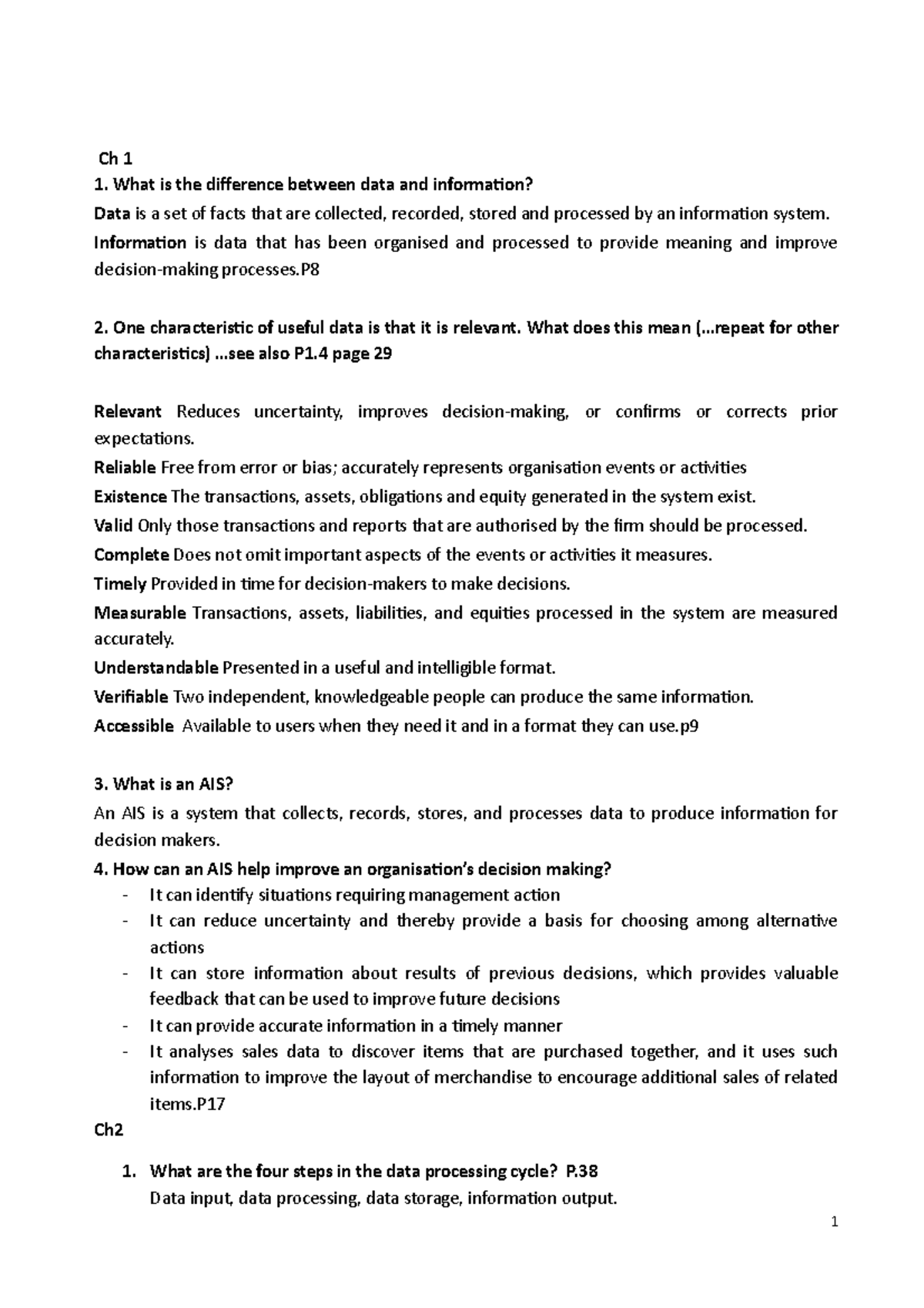 AIS Chapter Summaries & Key Concepts (Short Answers) - Studocu