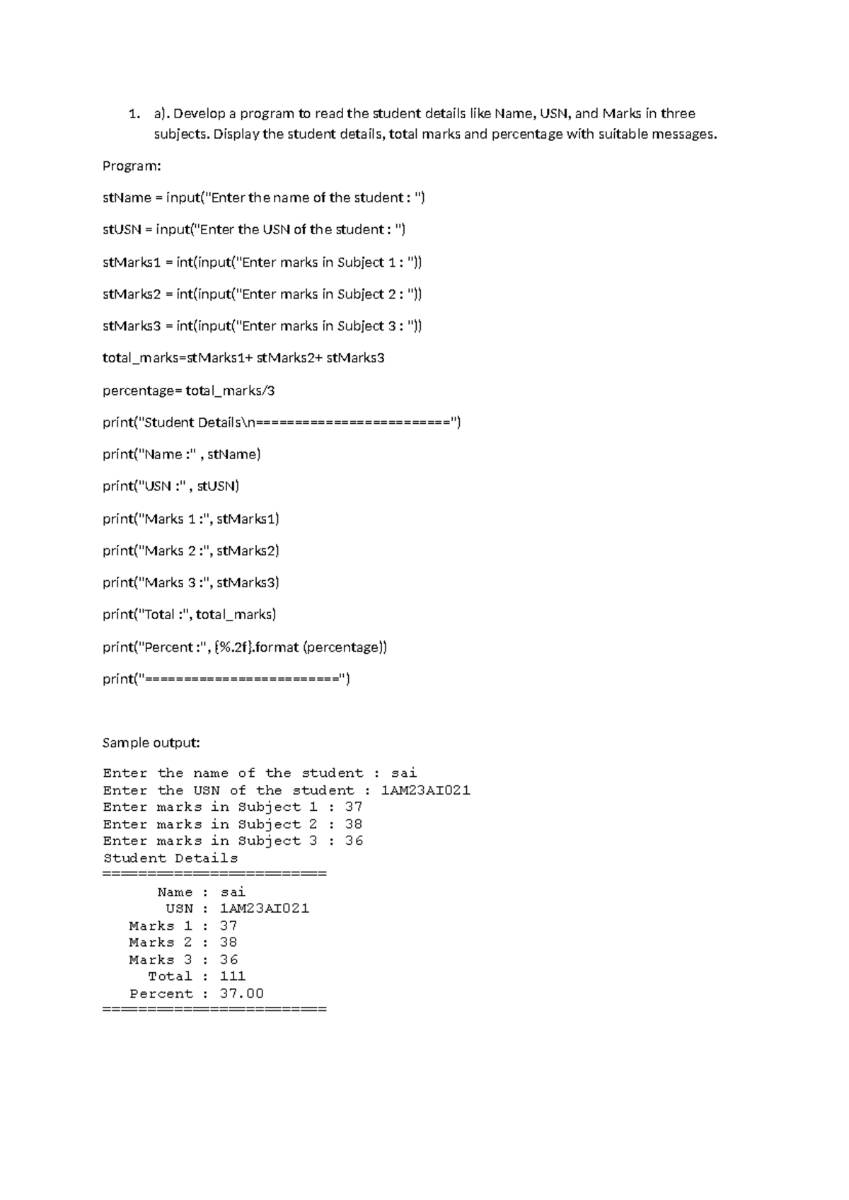 Program-1 - a). Develop a program to read the student details like Name ...