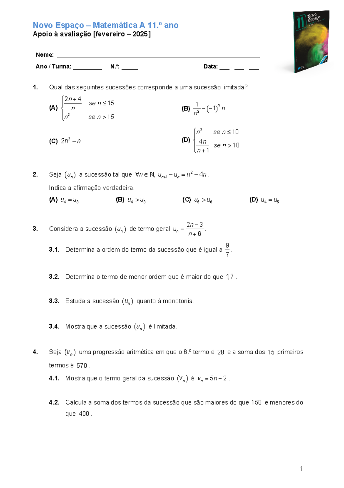 Nema11 avaliacao fevereiro - Novo Espaço – Matemática A 11.º ano Apoio ...