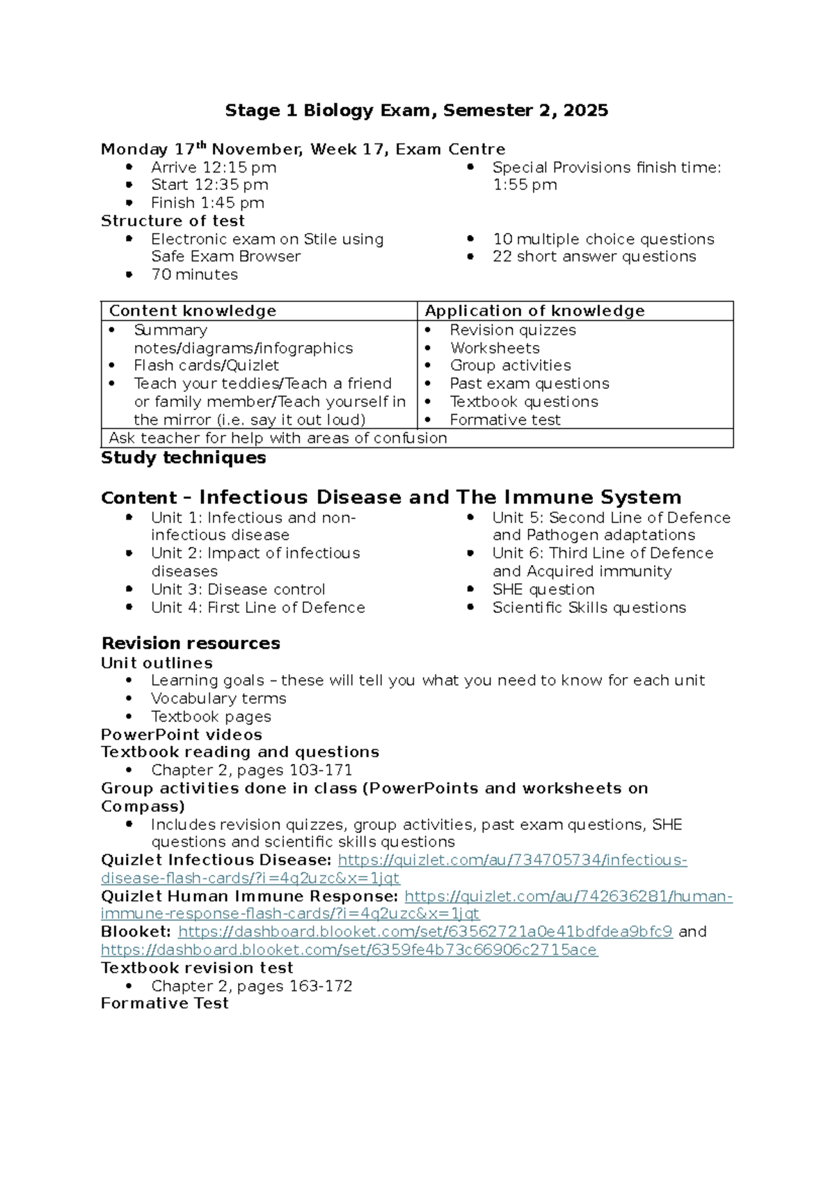 Stage 1 Biology Exam Revision Resources, Sem 2 2025 - Studocu
