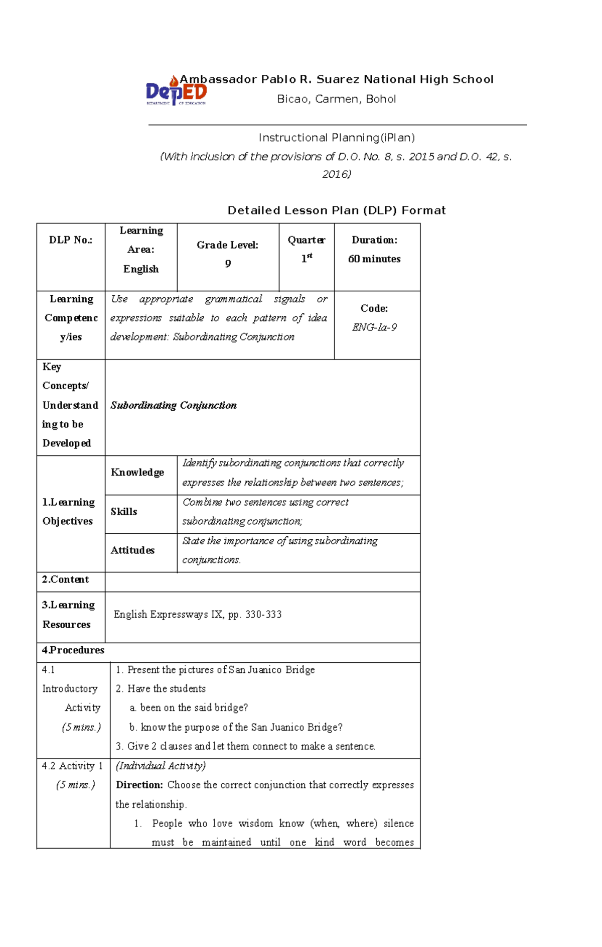 lesson Plan in Teaching Conjunctions - Ambassador Pablo R. Suarez ...