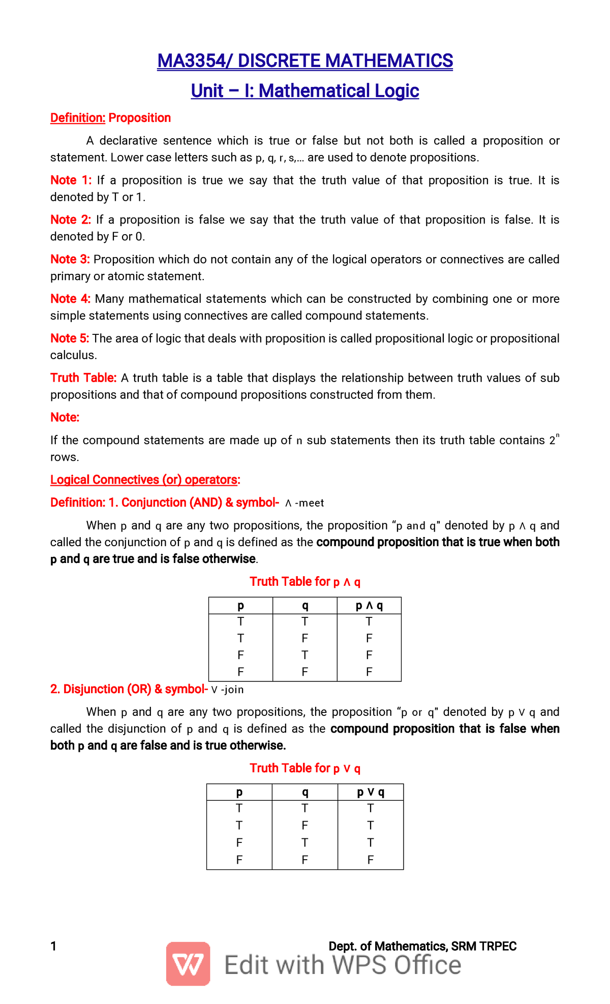 DM Unit-I - Logic - Good nites - MA3354/ DISCRETE MATHEMATICS Unit – I ...