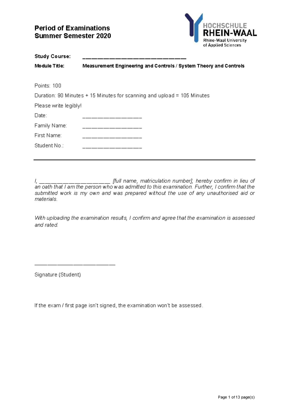 Se2020 - Measurement Engineering & Control Systems Exam - Studocu