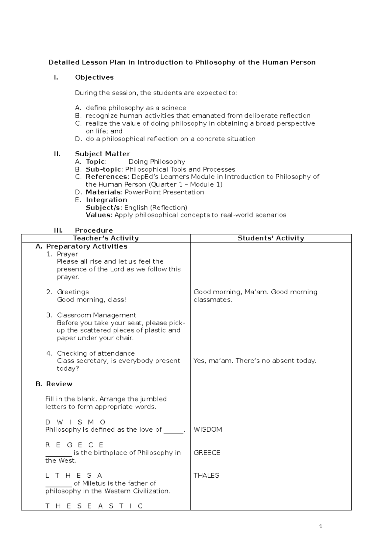 DLP - Detailed Lesson Plan: Introduction to Philosophy of the Human ...