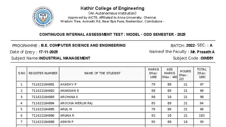 Model OIM351 Continuous Internal Assessment Test - B.E. CSE - Studocu