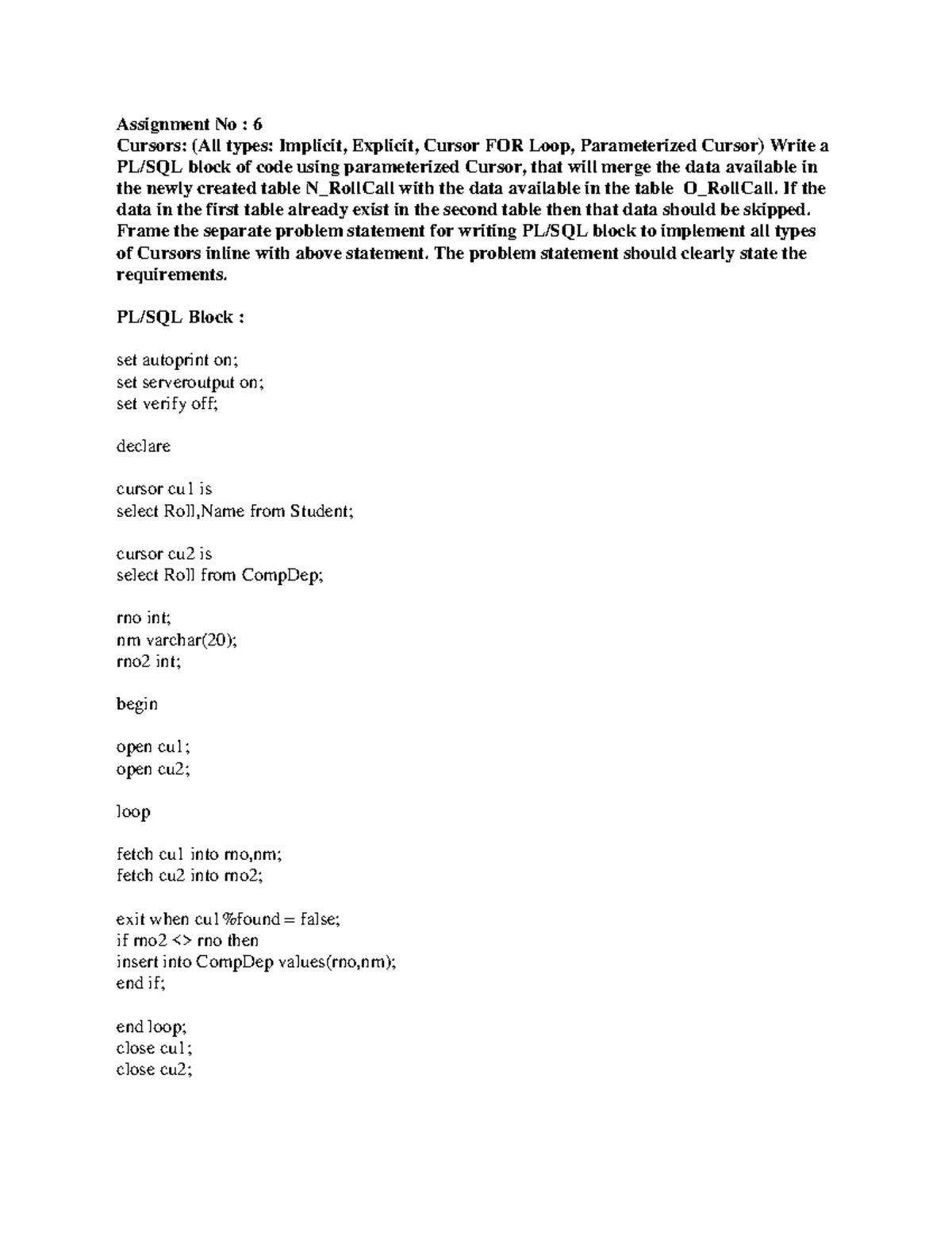 Assignment No 6: PL/SQL Block on Cursors in DBMS - Studocu