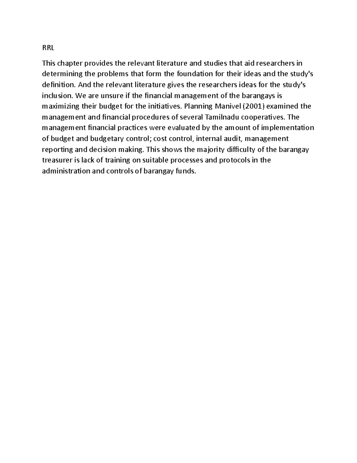 RRL: Literature Review on Financial Management in Barangays - Studocu