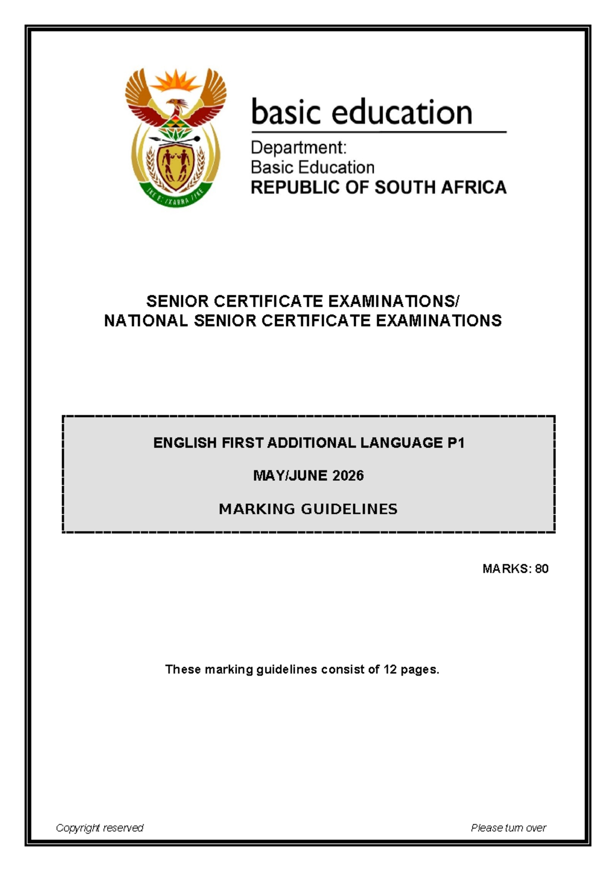 English FAL P1 May-June 2026 Marking Guidelines - Studocu