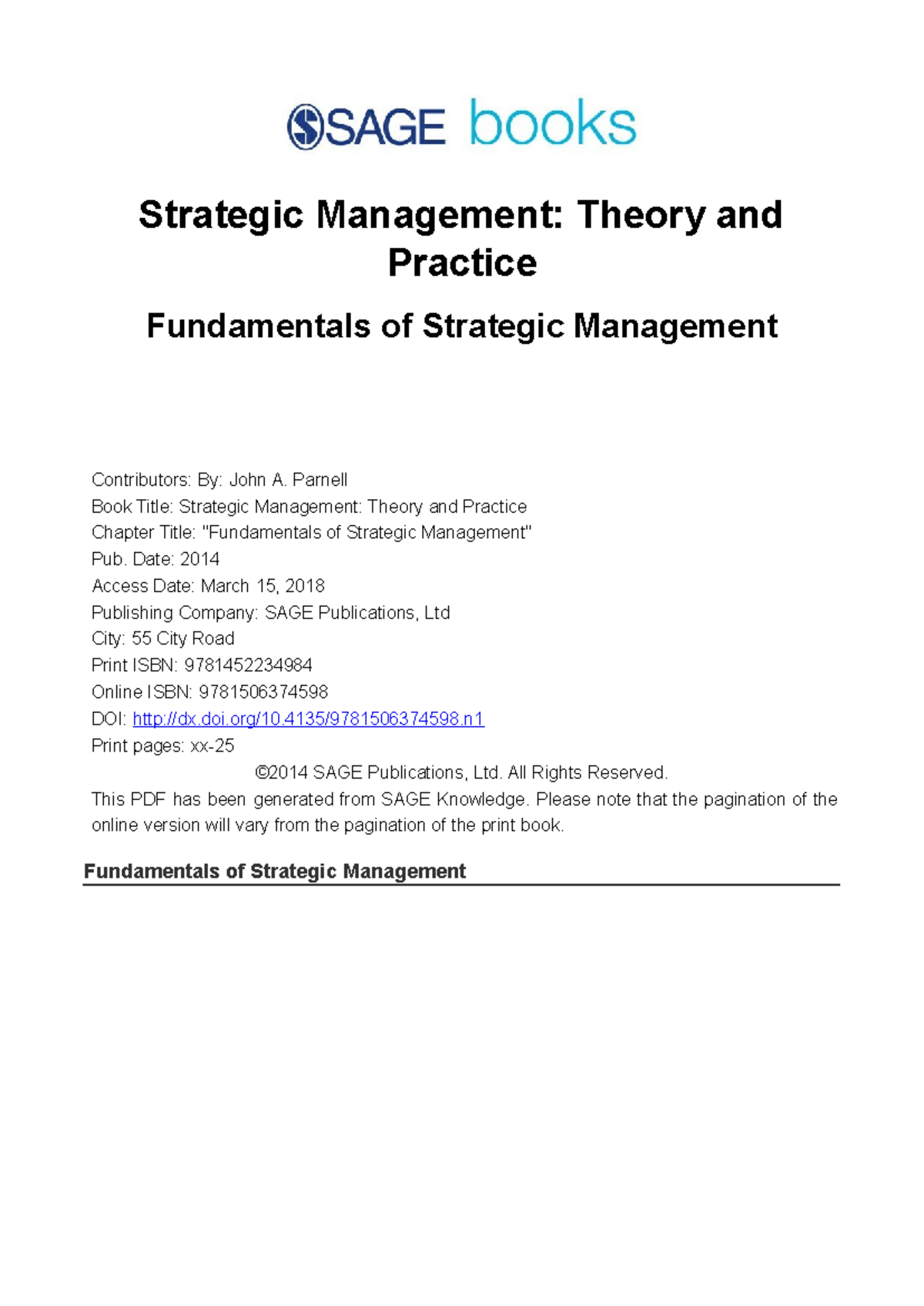 Chapter 1 - Fundamentals of Strategic Management Overview - Studocu