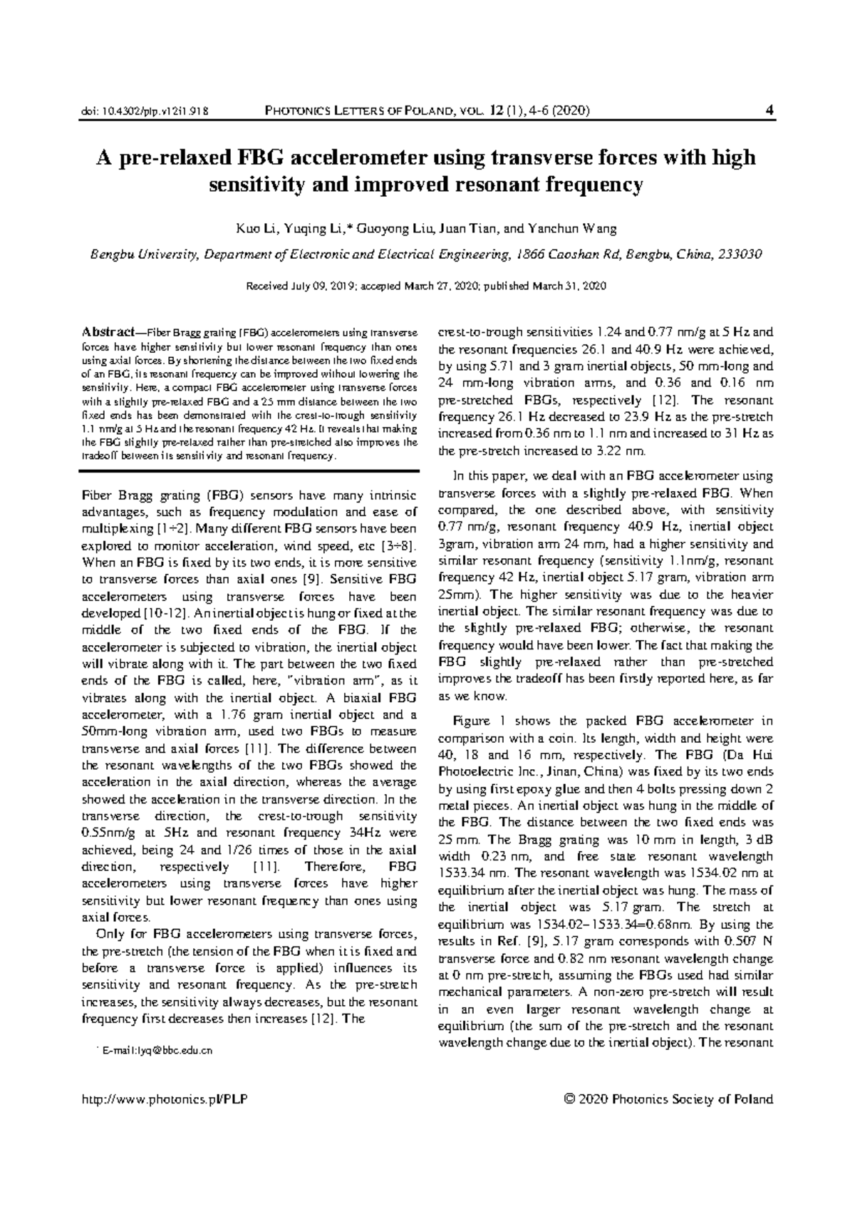 A Pre-Relaxed FBG Accelerometer Using Transverse Forces: Sensitivity ...