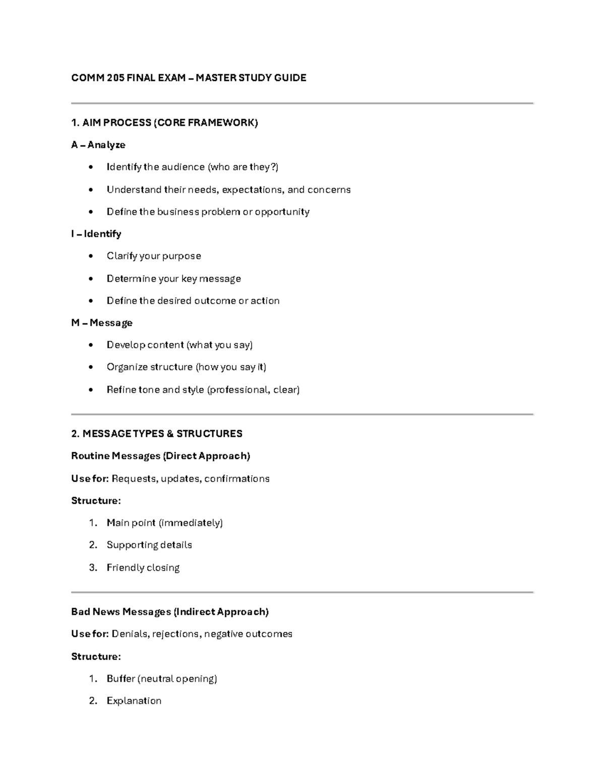 COMM 205 FINAL EXAM MASTER STUDY GUIDE: AIM & Communication Strategies ...