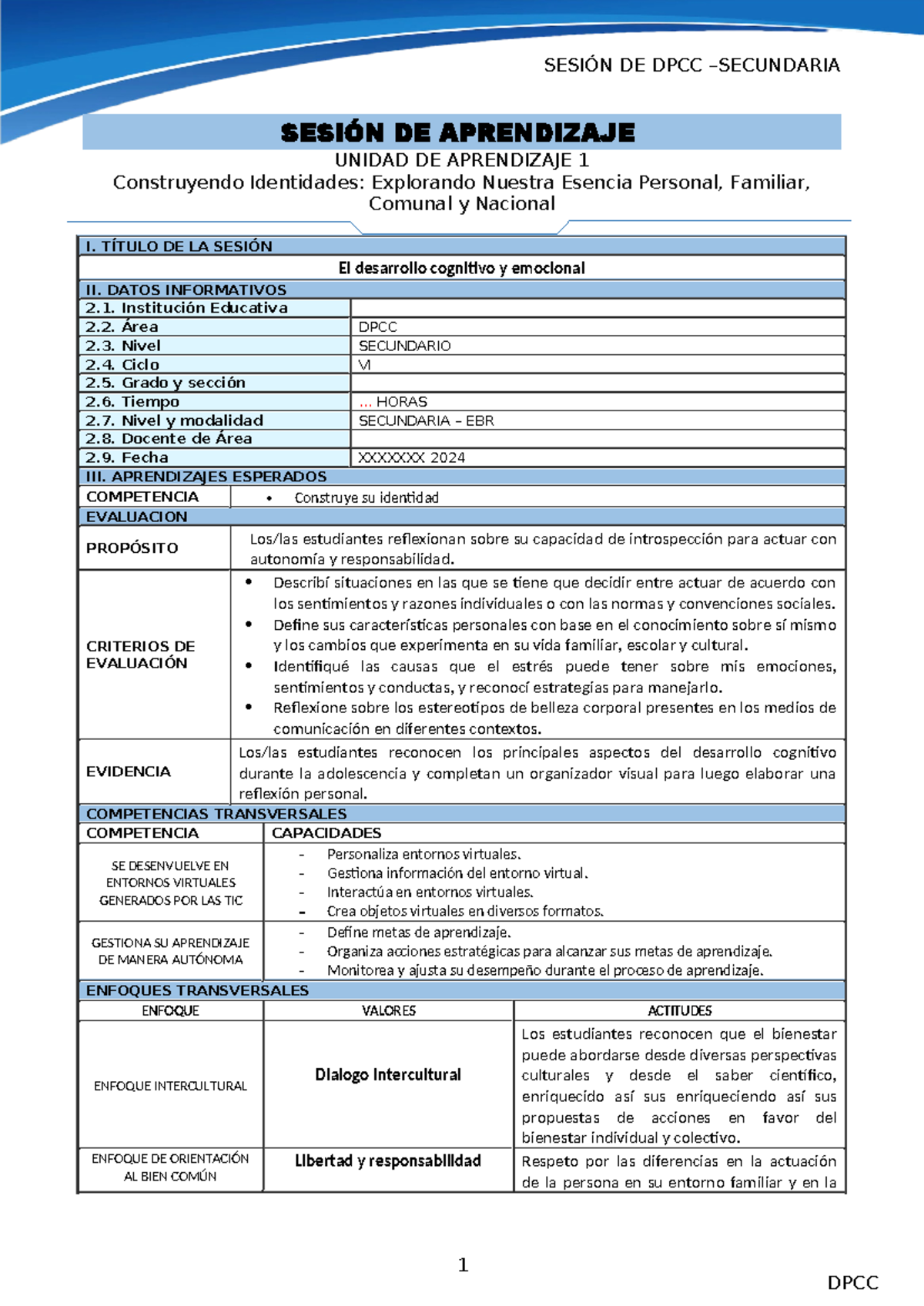 Sesión de Aprendizaje 1 - DPCC Secundaria 2024 - Studocu